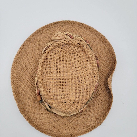 Cappelli Miami Florida Beige Vintage Wooven Straw Paper Sun Beach Hat Beads Knot - Picture 6 of 10